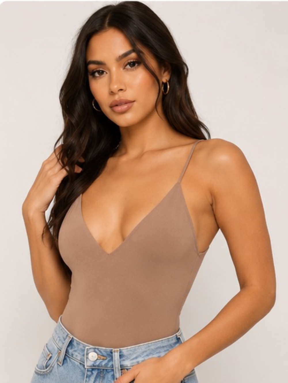 Fashion Nova Nude/Tan Bodysuit – Spaghetti Strap Deep V